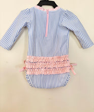 Load image into Gallery viewer, Ruffle Butts Blue Striped Swimsuit Size 3-6m

