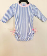 Load image into Gallery viewer, Ruffle Butts Blue Striped Swimsuit Size 3-6m
